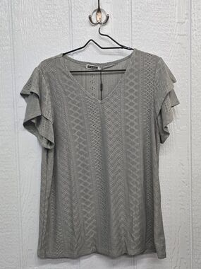 NWT Large Sage Green Lace-Pattern V-Neck Top with Flutter Sleeves